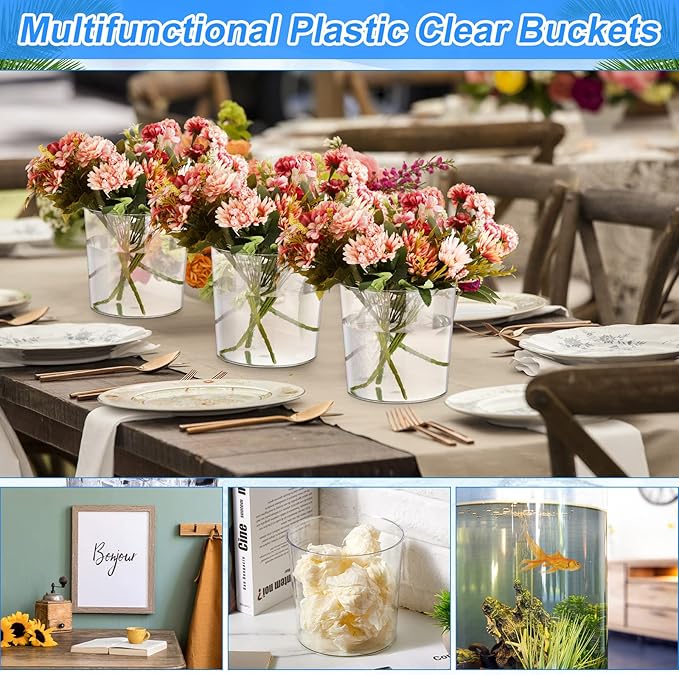 Plastic Ice Bucket Clear Flower Vases 6L Large Champagne Beer Buckets Classic Transparent Wine Chiller Tub Portable Wine Cooler Bucket Multipurpose Trash Can Wastebasket for Party Bar Kitchen (12 Pcs)