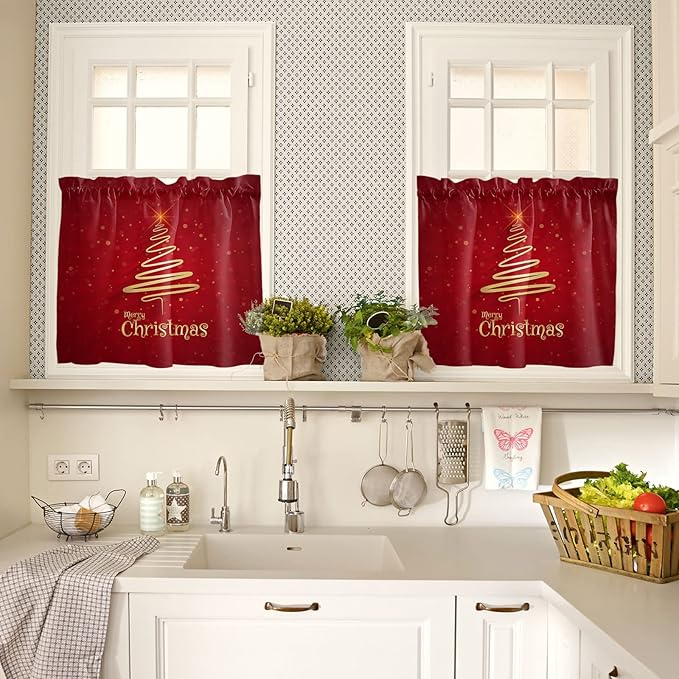 Christmas Tree Kitchen Curtains and Valances Set,Merry Xmas Red Window Treatments Tiers Winter Holiday Decor Semi Sheer Half/Short Curtains for Small Windows Cafe/Living Room/Bedroom 54x24 in,3-Piece