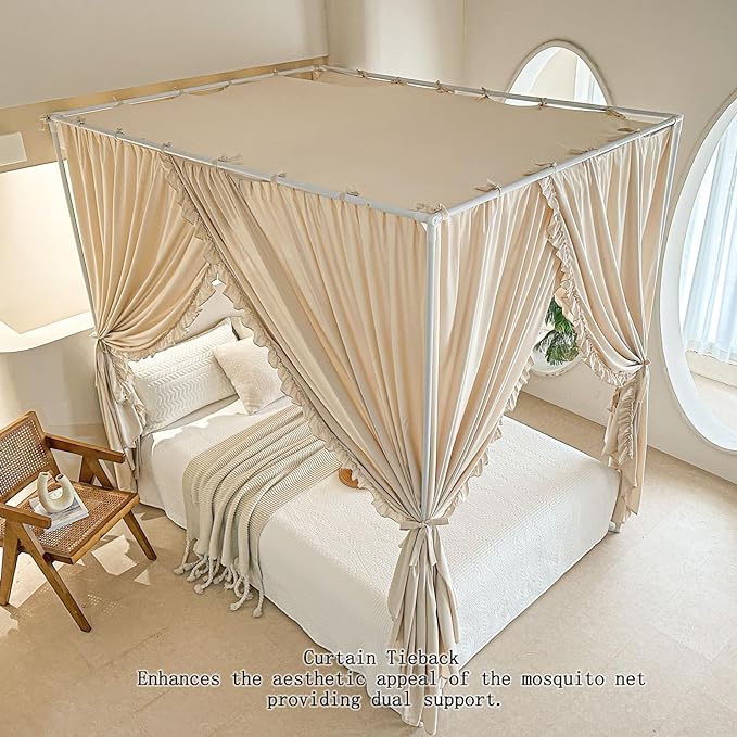 AIKASY Princess Canopy Bed Curtains with Top Ties - Windproof & Lightproof for Girls' Adult Bedroom Decor | Bed Canopy Drapes (Queen,Khaki)