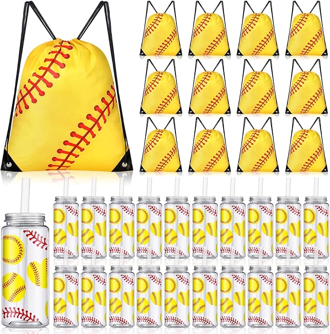 40 Pcs Softball Team Gifts Include Softball Drawstring Bag Softball Cups with Lid and Straw 14.2 oz Reusable Clear Plastic Drinking Cups for Birthday School Sport Decorations Party Supplies