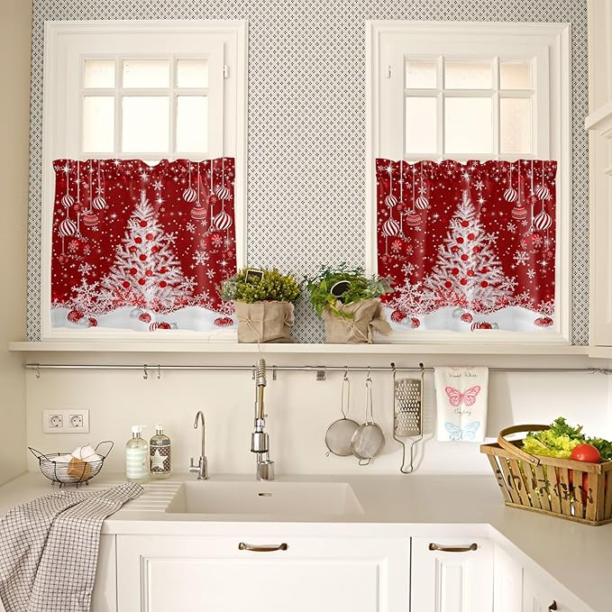 Red Christmas Kitchen Curtains and Valances Set, White Xmas Tree Snowflakes Red Balls Windows Treatments Tiers Half/Short Curtains for Small Windows Cafe /Living Room/ Bedroom 54x36 in Winter