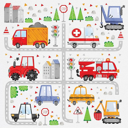 Large Car Wall Decals for Kids by Lipastick - 58 pcs Transports Wall Stickers Peel and Stick Truck Stickers - Wall Decals for Boys Kids Baby Room - Construction Cars City Wall Decor Removable M Size