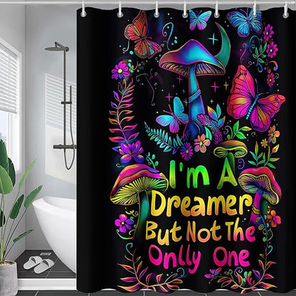AILONEN Mushroom Shower Curtain,Colorful Butterfly Flower Decoration,Polyester Fabric,Waterproof,Botanical Fungus Plants Black Bath Curtains Washable,with 12 Plastic Hooks, 72" W x 96" H