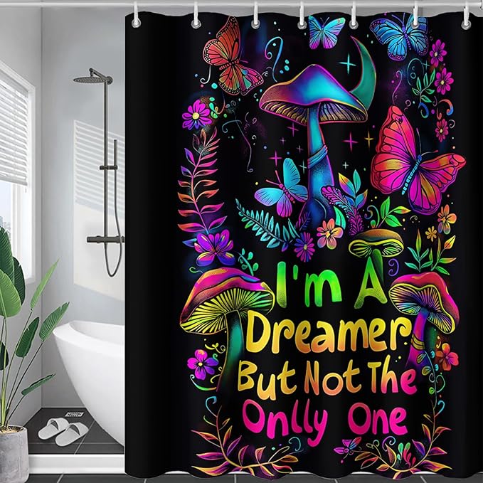 AILONEN Mushroom Shower Curtain,Colorful Butterfly Flower Decoration,Polyester Fabric,Waterproof,Botanical Fungus Plants Black Bath Curtains Washable,with 12 Plastic Hooks, 48" W x 72" H