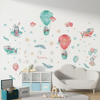 Bunny Wall Decals for Kids by Lipastick - 69 pcs Rabbits Wall Stickers Peel and Stick - Hot Air Balloon Wall Decals for Girls Boys Kids Baby Nursery Room Bedroom - Bunies Wall Decor Aircraft M Size