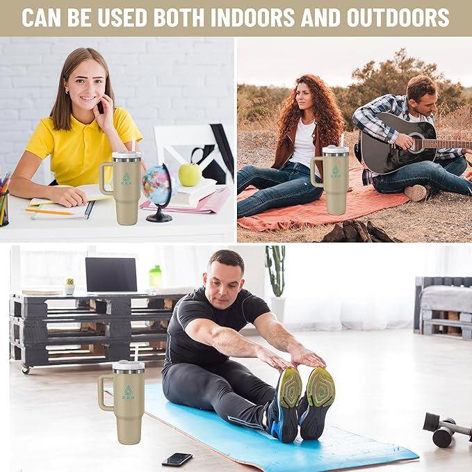 40oz stainless Steel Insulated Tumbler with Handle, lid and straw for cold water, Iced tea, or coffee - 100% Leak-Proof - Cupholder Friendly Travel Mug- Gifts for Women Men Him Her (Brown)