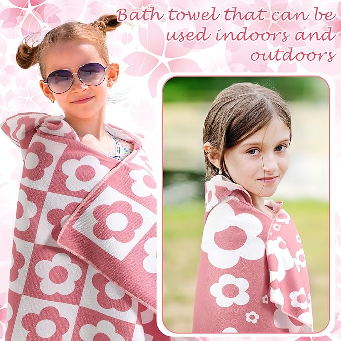 2 Pcs Flower Kids Hooded Bath Towel 50 x 30 Kids Hooded Beach Bath Towels Pink Microfiber Girls Bath Towels Pool Beach Towel Wrap for 3-12 Years Girls Toddlers Swimming Cover up 2 Design
