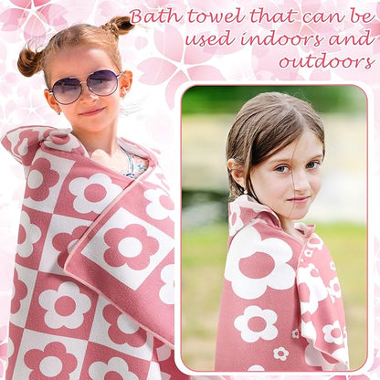 2 Pcs Flower Kids Hooded Bath Towel 50 x 30 Kids Hooded Beach Bath Towels Pink Microfiber Girls Bath Towels Pool Beach Towel Wrap for 3-12 Years Girls Toddlers Swimming Cover up 2 Design