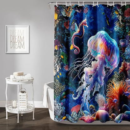 AILONEN Cartoon Jellyfish Shower Curtain,Underwater Animal Seahorses Style Bathroom Curtains Set for Kids,Girls,Ocean Theme Shower Curtains Set with Hooks for Bathroom,36" W*72" H