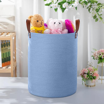 80L Large Rope Basket, Woven Rope Storage Basket with Leather Handles, Dog Toy Storage Basket, Bedroom, Nursery Blanket Storage, Bathroom Laundry Basket, 16“x20” Tall Rope Basket (Blue)