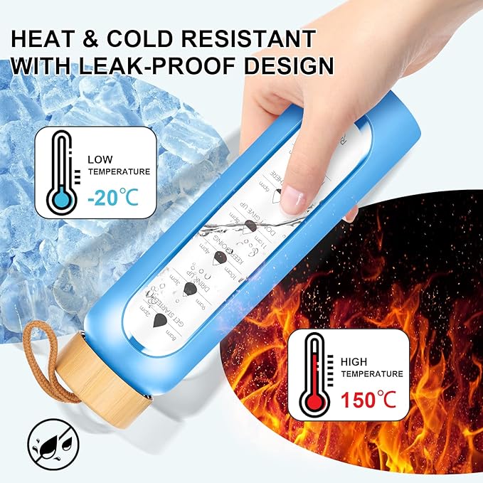 32 Oz Borosilicate Glass Water Bottle with Times to Drink | BPA Free - Reusable Wide Mouth Glass Motivational Water Bottles with Infuser & Silicone Sleeve (azure)