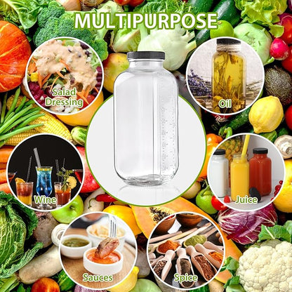 4Pack Juicing Bottles Reusable Glass 32oz,Reusable Square Glass Juice Bottles with Lids,Clear Empty Glass for Beverages, Jams, Kombucha, Milkshakes,Oils(32fl.oz,Set of 4)