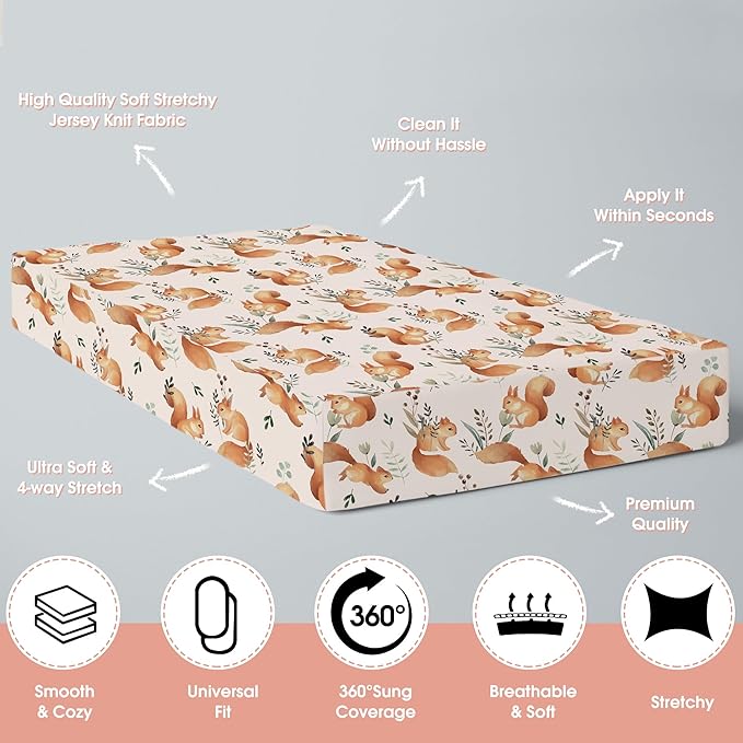 ACRABROS Crib Sheets for Girl Boy: Stretchy Baby Fitted Crib Mattress Sheets Sets 2 Pack Standard Size Ultra Soft Neutral, Squirrel&Leaf