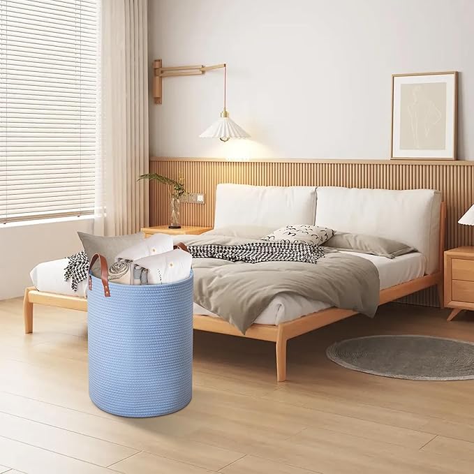 80L Large Rope Basket, Woven Rope Storage Basket with Leather Handles, Dog Toy Storage Basket, Bedroom, Nursery Blanket Storage, Bathroom Laundry Basket, 16“x20” Tall Rope Basket (Blue)