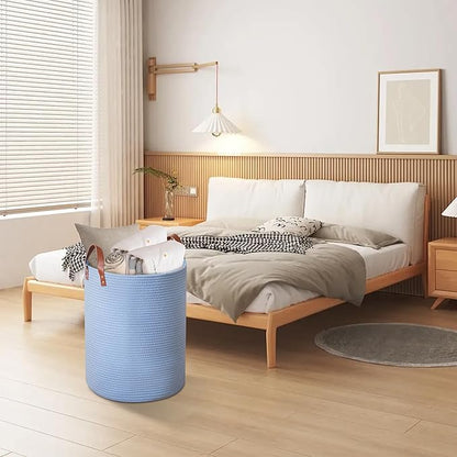 80L Large Rope Basket, Woven Rope Storage Basket with Leather Handles, Dog Toy Storage Basket, Bedroom, Nursery Blanket Storage, Bathroom Laundry Basket, 16“x20” Tall Rope Basket (Blue)