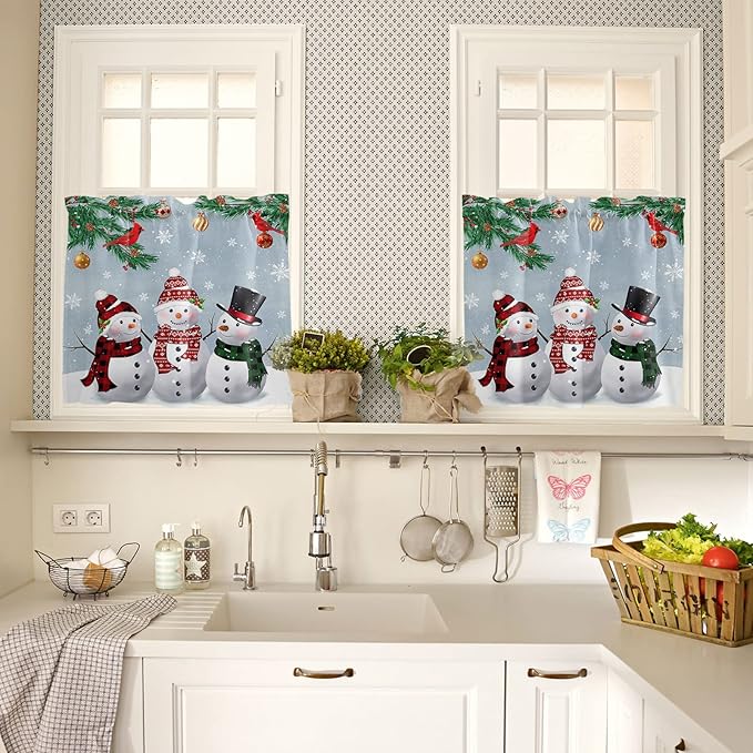 Christmas Kitchen Curtains and Valances Set, Snowman Cardinal Window Treatments Tiers Bluish Grey Winter Holiday Semi Sheer Half/Short Curtains for Small Windows Cafe /Living Room/ Bedroom 54x 36 in