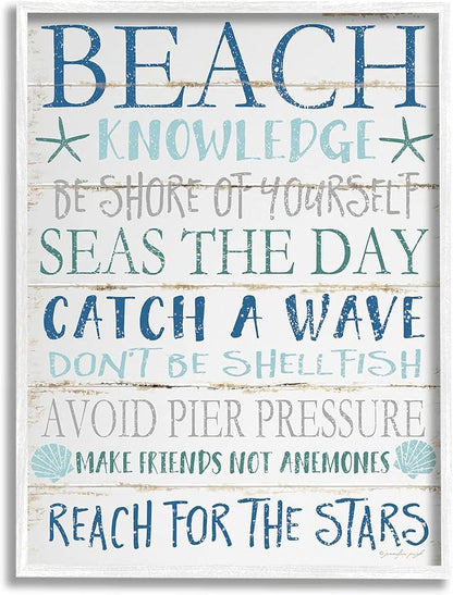 Stupell Industries cwp-367 Beach Knowledge Blue Aqua Planked Look Sign Wall Art, 11 x 14, White Framed