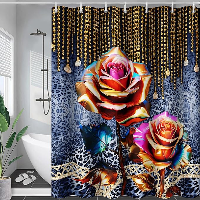 AILONEN Gold Rose Shower Curtain for Bathroom- Romantic Floral Shower Curtain -Polyester Fabric Waterproof Decoration- Plants Blue Black Leopard Flowers Bath Shower Curtains Washable, 36" W x 72" H