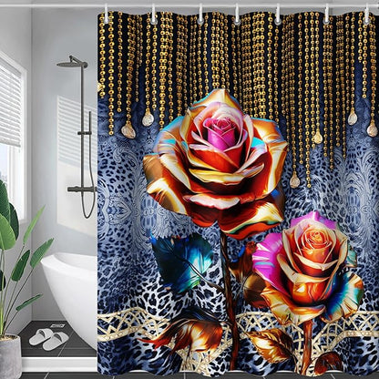 AILONEN Gold Rose Shower Curtain for Bathroom- Romantic Floral Shower Curtain -Polyester Fabric Waterproof Decoration- Plants Blue Black Leopard Flowers Bath Shower Curtains Washable, 60" W x 72" H
