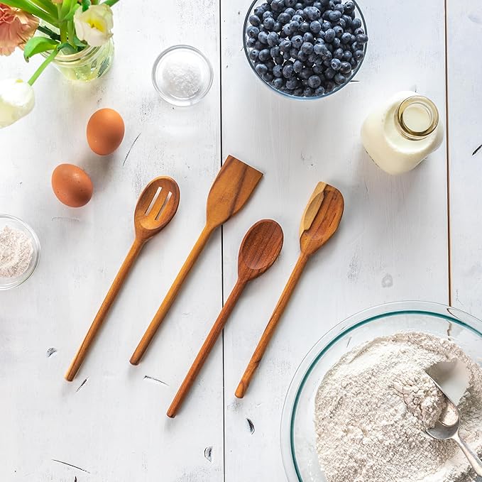 Lipper International Teak Wood Kitchen Tools for Cooking, 4-Piece Set, 11" Long