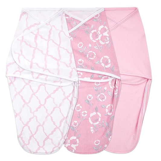 aden + anais, Cotton Knit Baby Wrap, Newborn Wearable Swaddle Blanket, 3 Pack, Pink Stencil, 0-3 Months