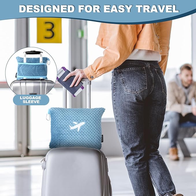 3 in 1 Travel Pillow and Blanket Set - 280 GSM Travel Blanket Airplane Compact with Bag, Inflatable Travel Pillow, Packable Airplane Blanket, Luggage Sleeve & Backpack Clip (Slate Blue)