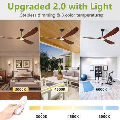 72 Inch Ceiling Fans with Lights, Solid Wood Propeller Large Ceiling Fans with Lights and Remote Control Modern Outdoor Ceiling Fan for Patios Gazebo Farmhouse Indoor High cfm ETL, Dark Walnut