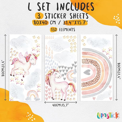 Large Rainbow Wall Decals by Lipastick - 132 pcs Rainbow Wall Stickers - Unicorn Wall Decals for Kids Bedroom Room Nursery – Kids Wall Stickers Cloud Stars Ponies - Waterproof Wall Art Décor L Size