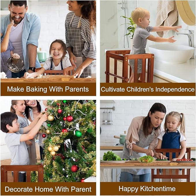 COSYLAND Kids Kitchen Step Stool, Toddler Standing Tower with CPC & FSC Certification, Removable Anti-Drop Railing Safety Rail Enjoys Unique Patented Design A Anti-tip Stable Structure Red Brown