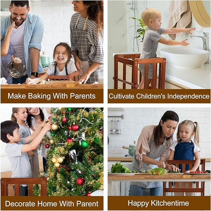 COSYLAND Kids Kitchen Step Stool, Toddler Standing Tower with CPC & FSC Certification, Removable Anti-Drop Railing Safety Rail Enjoys Unique Patented Design A Anti-tip Stable Structure Red Brown