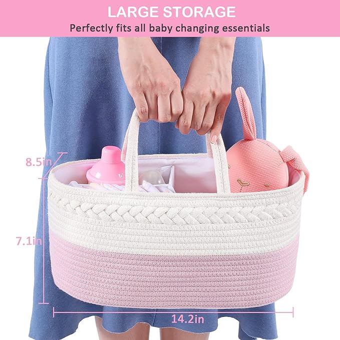 ABenkle Baby Diaper Caddy, Nursery Storage Bin and Car Organizer for Diapers Wipes, Cotton Rope Basket Changing Table Caddy