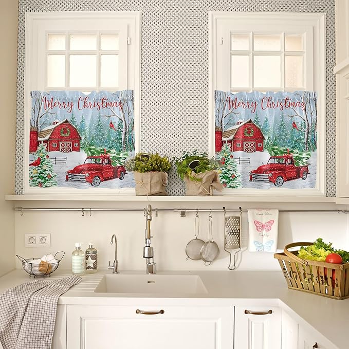 Red Truck Christmas Kitchen Curtains and Valances Set, Merry Christmas Farmhouse Windows Treatments Tiers Half/Short Curtains for Small Windows Cafe /Living Room/ Bedroom 54x36 in Winter Xmas Tree