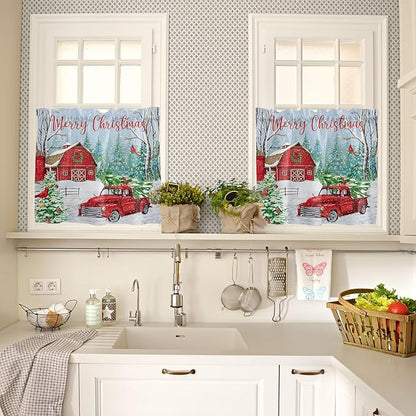 Red Truck Christmas Kitchen Curtains and Valances Set, Merry Christmas Farmhouse Windows Treatments Tiers Half/Short Curtains for Small Windows Cafe /Living Room/ Bedroom 54x36 in Winter Xmas Tree