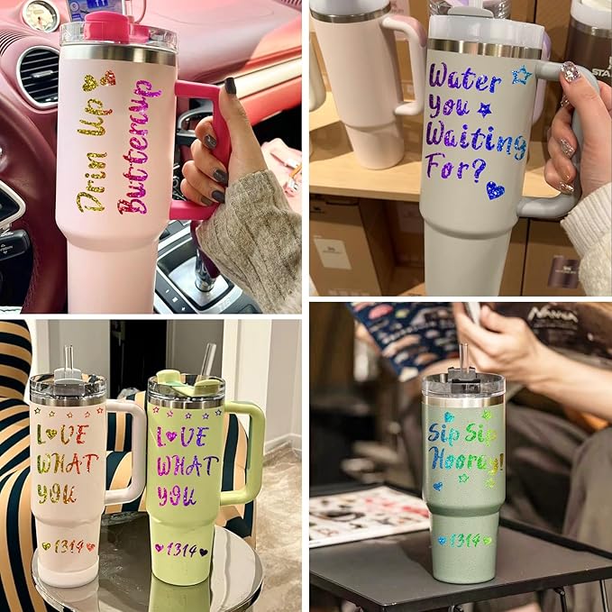 Vinyl Letter Stickers for Stanley Cups, 8 Packs Shiny Personalized Letters Tags Self Adhesive Waterproof Cute Alphabet Number Sticker for Kids Teens Adults Water Bottle Laptop Luggage