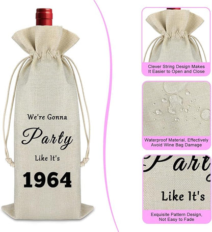 60th Birthday Gift for Women Men Wine Bag 60th Birthday Present Idea for Mom Dad 60 Year Old Turning 60 Gift for Wife Grandma Friend Wine Gift Bag Drawstring Burlap Wine Wrap Bag Birthday Party Decors