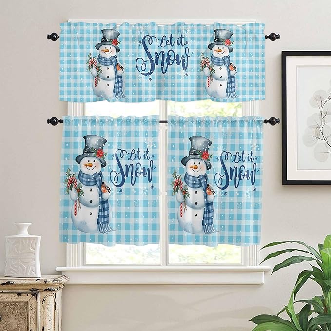 Snowman Christmas Kitchen Curtains and Valances Set, Let It Snow Winter Holiday Windows Treatments Tiers Short Curtains for Small Windows Cafe /Living Room/ Bedroom 54x36 in Blue White Buffalo Plaid
