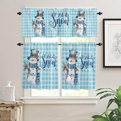 Snowman Christmas Kitchen Curtains and Valances Set, Let It Snow Winter Holiday Windows Treatments Tiers Short Curtains for Small Windows Cafe /Living Room/ Bedroom 54x36 in Blue White Buffalo Plaid