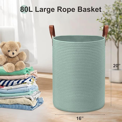 80L Large Rope Basket, Woven Rope Storage Basket with Leather Handles, Dog Toy Storage Basket, Bedroom, Nursery Blanket Storage, Bathroom Laundry Basket, 16“x20” Tall Rope Basket (Green)