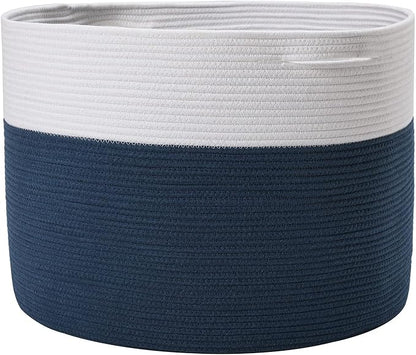 24" x 24" x 17" Max Size Large Cotton Rope Basket, Extra Large Storage Basket, Woven Laundry Hamper, Cloth Storage Bin, for Blankets Clothes Towels Pillows in Living Room, Dark Blue