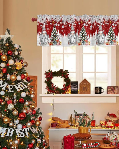 Christmas Gnome Valance Curtains for Kitchen Windows Winter Merry Christmas Tree Balls Rod Pocket Window Treatment Toppers for Kitchen/Living Room/Bedroom/Bathroom, 42" X 18", Red
