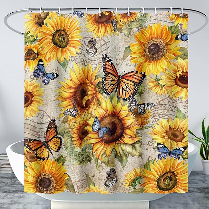 AILONEN Girls Sunflower Shower Curtain,Butterfly Sunflower Bath Curtain for Kids Women,Vintage Yellow Flower Decor Bathroom Curtain with 12 Plastic Hooks, 72" W x 72" H