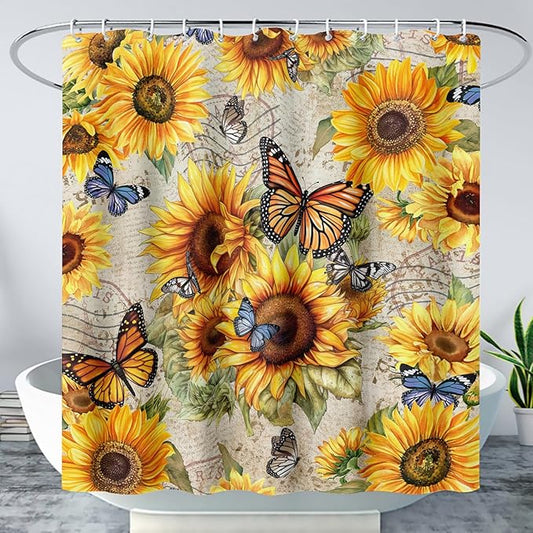 AILONEN Girls Sunflower Shower Curtain,Butterfly Sunflower Bath Curtain for Kids Women,Vintage Yellow Flower Decor Bathroom Curtain with 12 Plastic Hooks, 72" W x 96" H