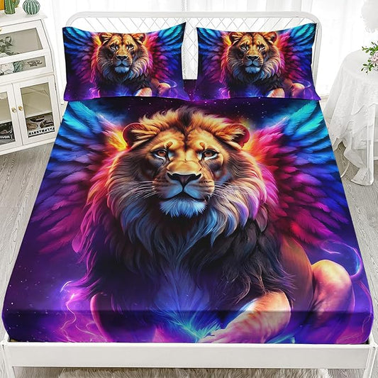 AILONEN Lion Fitted Sheet Set Twin Size, 3 Pieces Printed Evening Starry Wings Lion Bed Sheet Set,Colorful Tie Dye Rainbow Fitted Sheet with 2 Pillowcases