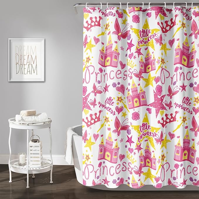 AILONEN Princess Castle Shower Curtain,Cartoon Butterfly and Rose Bathroom Shower Curtain for Girls Boys Kids Teens, 60" W*72" H Pink Glitter Star Theme Bathroom Decor