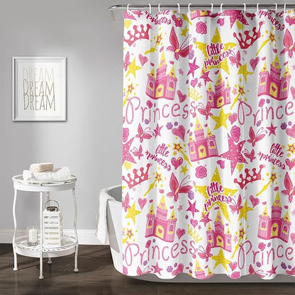AILONEN Princess Castle Shower Curtain,Cartoon Butterfly and Rose Bathroom Shower Curtain for Girls Boys Kids Teens, 72" W*96" H Pink Glitter Star Theme Bathroom Decor