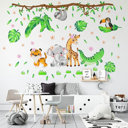 Large Safari Animal Wall Decals for Kids by Lipastick - 142 pcs Jungle Animal Wall Stickers for Kids Baby Girl Boy Room - Creative Nursery Vinyl Wall Decal - Elephant Giraffe Crocodile Parrot XXL Size
