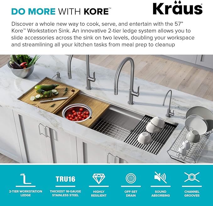 Kraus KWU210-57 Kore 2-Tier Workstation Undermount 16 Gauge Stainless Steel Single Bowl Kitchen Sink with 10 Piece Chef’s Kit of Accessories, 57 inch