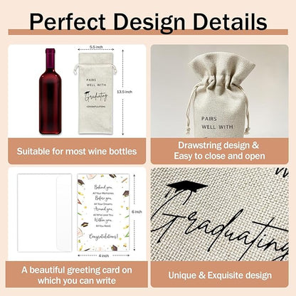 Graduation Wine Gift Bags & Card, Graduation Gifts for Him Her Son Daughter College, Pairs Well With Graduating, 1 pcs Reusable Burlap Wine Gift Bags for Wine Bottles, Graduation Party Decor Favor -25