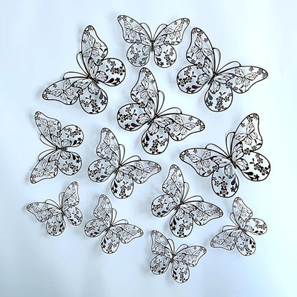 3D Butterfly Wall Decor 3 Sizes 4 Styles, Kurilai 48Pcs Butterfly Decorations Party Birthday Cake Decoration, Removable Wall Stickers for Kids Nursery Wedding Bedroom Room Decor (Black)