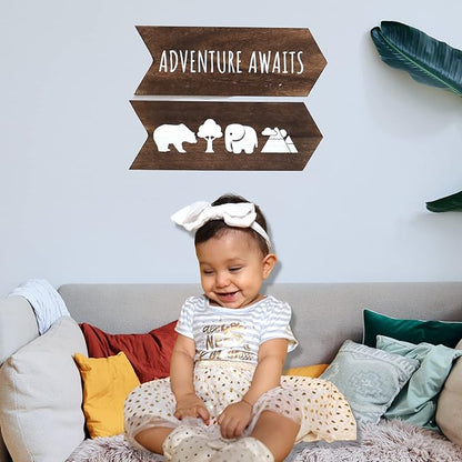 Nursery Wall Decor - 2 Pcs Wood Adventure Awaits Sign, Baby Elephant Nursery Decor For Kids Room, Safari Theme Woodland Decorations, Bear Mountain Cabin Wall Decor Art, 14 x 10 inch